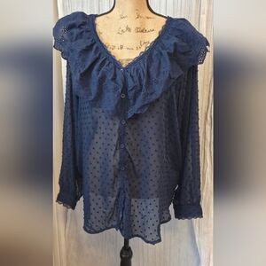 ODDY Navy Ruffled Lace Blouse